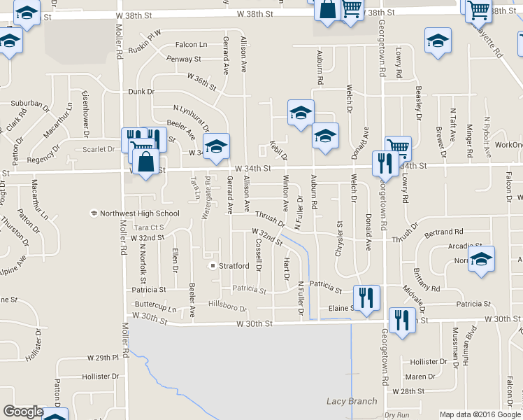 map of restaurants, bars, coffee shops, grocery stores, and more near 5116 Thrush Drive in Indianapolis