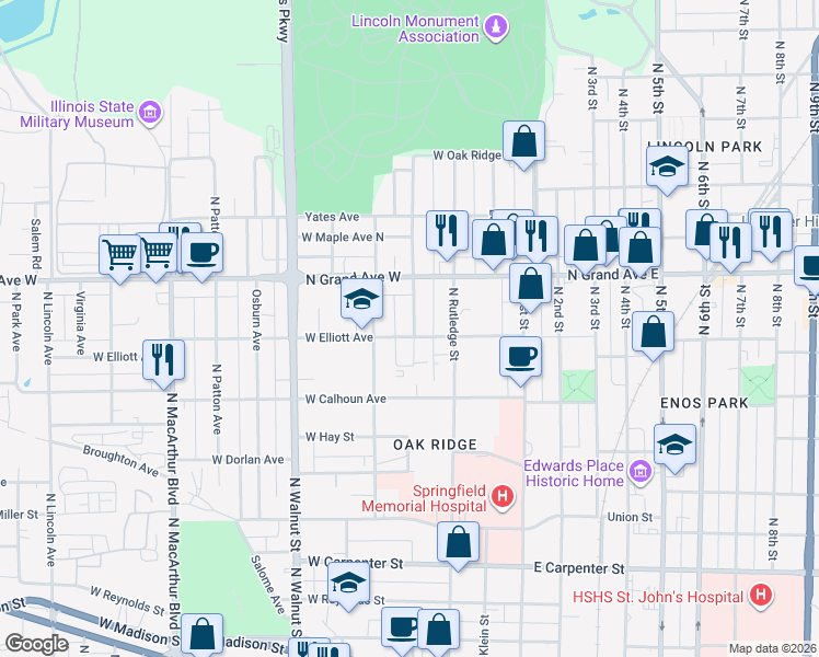 map of restaurants, bars, coffee shops, grocery stores, and more near 415 West Elliott Avenue in Springfield