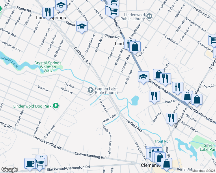 map of restaurants, bars, coffee shops, grocery stores, and more near 255 West Maple Avenue in Lindenwold