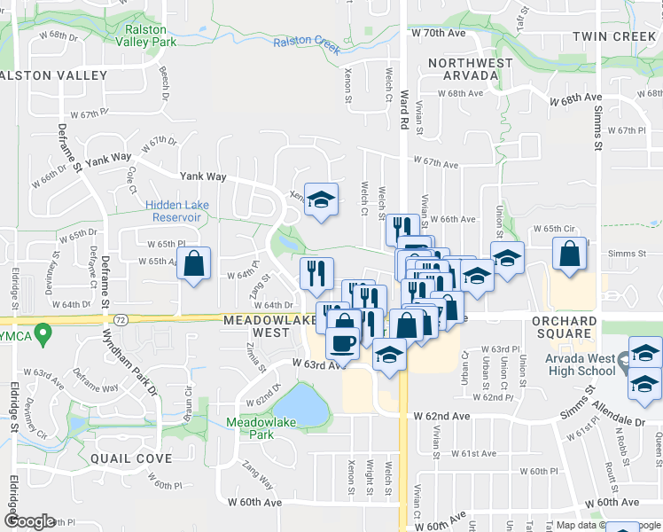 map of restaurants, bars, coffee shops, grocery stores, and more near 12825 West 65th Way in Arvada