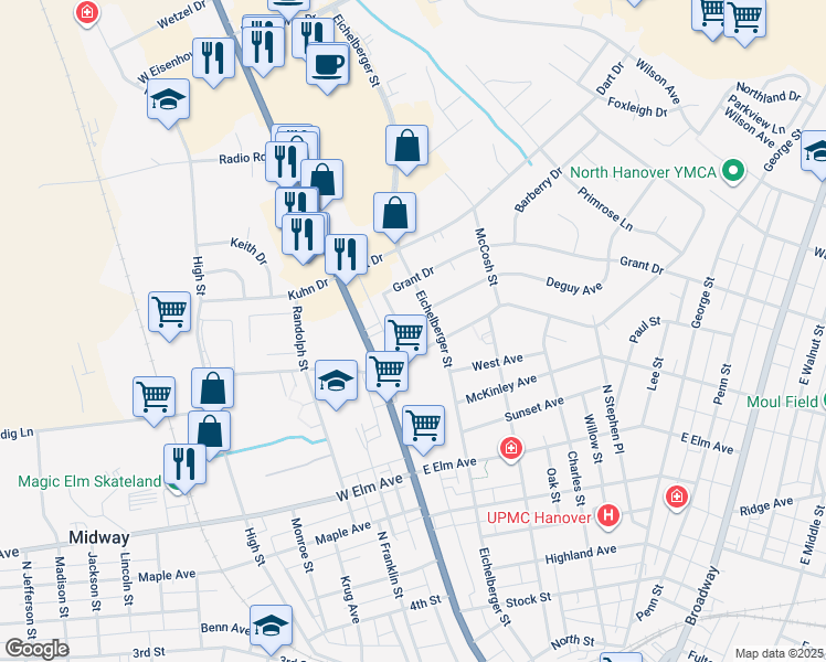 map of restaurants, bars, coffee shops, grocery stores, and more near 905 Sherwood St in Hanover