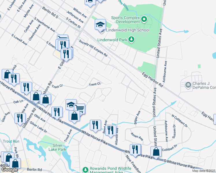 map of restaurants, bars, coffee shops, grocery stores, and more near 26 Chelsea Circle in Clementon