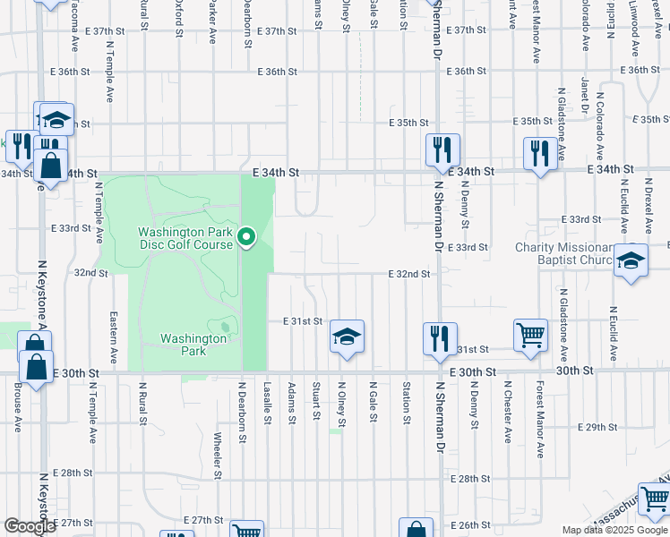 map of restaurants, bars, coffee shops, grocery stores, and more near 3438 East 32nd Street in Indianapolis