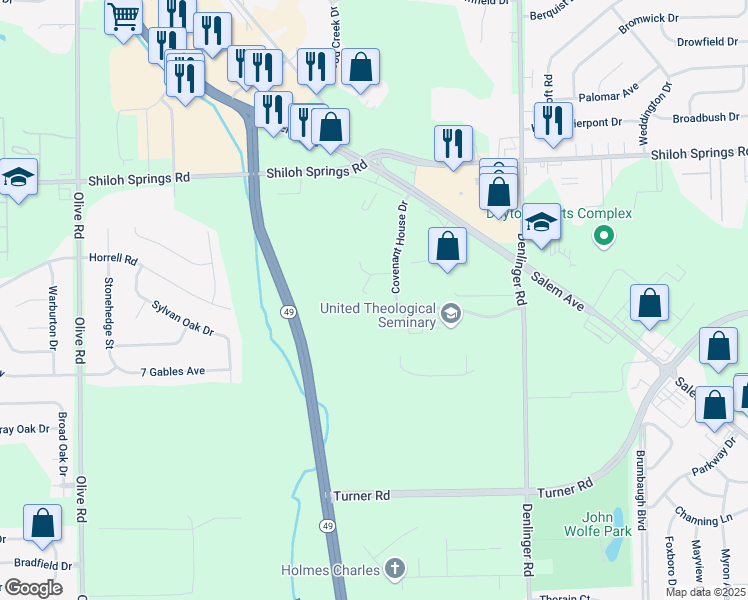 map of restaurants, bars, coffee shops, grocery stores, and more near 4911 Covenant House Drive in Dayton