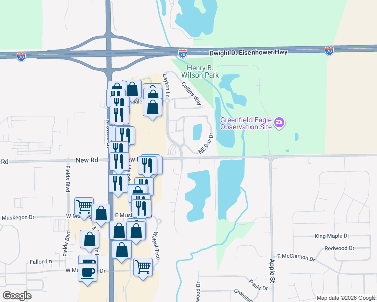 map of restaurants, bars, coffee shops, grocery stores, and more near 2018 Northeast Bay Drive in Greenfield