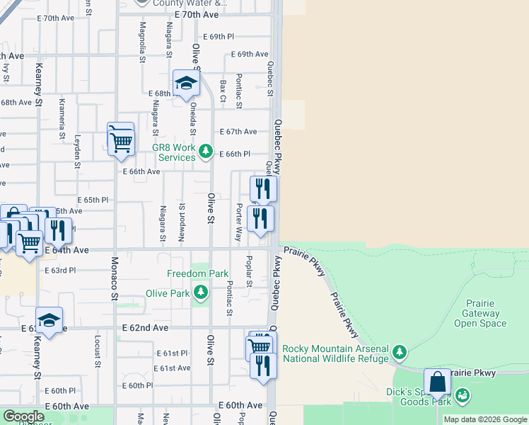 map of restaurants, bars, coffee shops, grocery stores, and more near 6480 Poplar Street in Commerce City