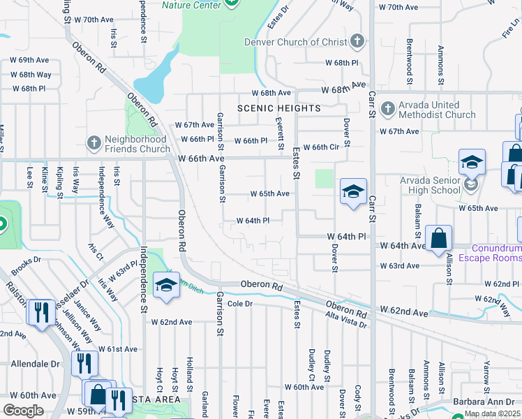 map of restaurants, bars, coffee shops, grocery stores, and more near 6455 Field Street in Arvada