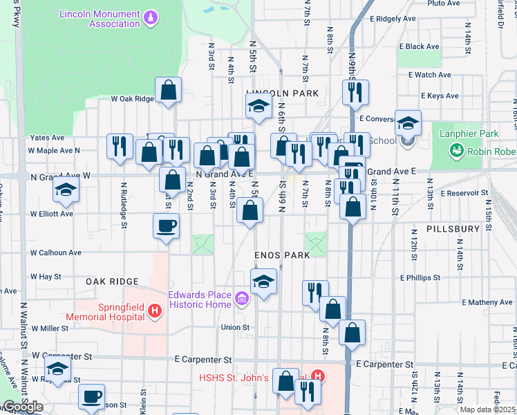map of restaurants, bars, coffee shops, grocery stores, and more near 1116 North 5th Street in Springfield