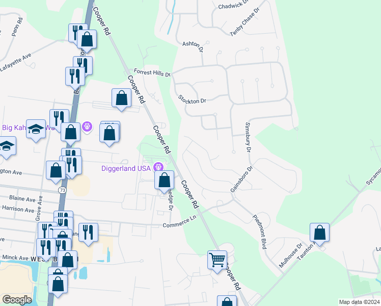 map of restaurants, bars, coffee shops, grocery stores, and more near 24 Ravenna Drive in West Berlin