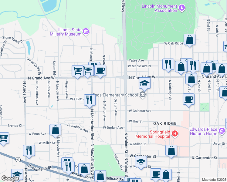 map of restaurants, bars, coffee shops, grocery stores, and more near 801 West Elliott Avenue in Springfield