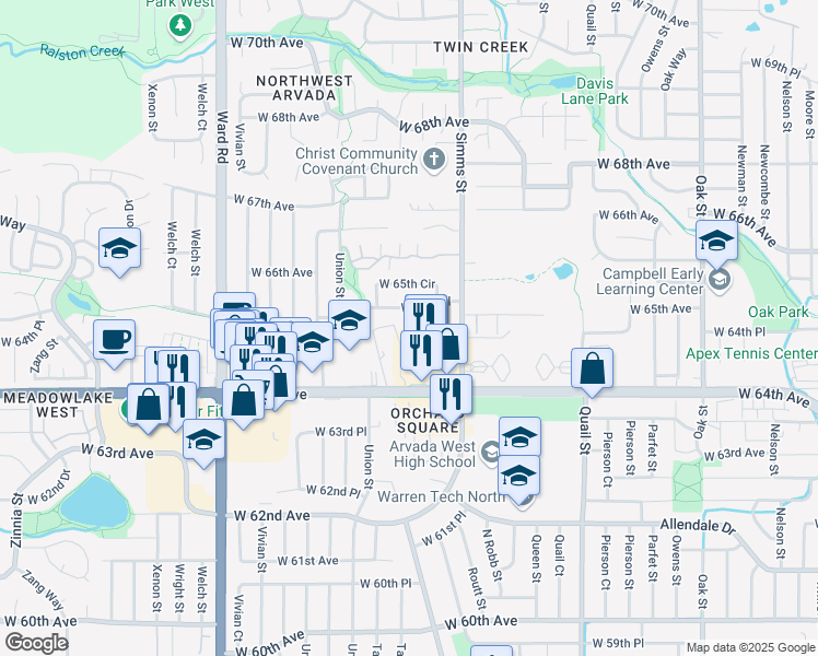 map of restaurants, bars, coffee shops, grocery stores, and more near 6539 Tabor Street in Arvada