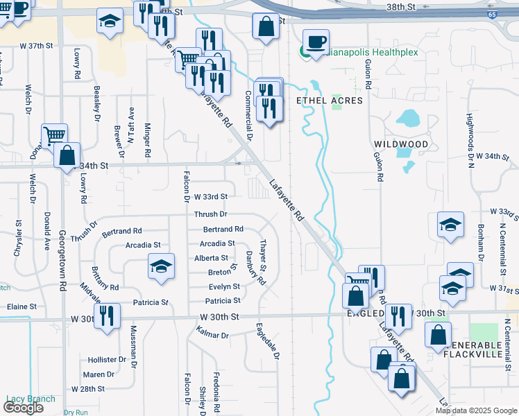 map of restaurants, bars, coffee shops, grocery stores, and more near 3908 Thrush Drive in Indianapolis