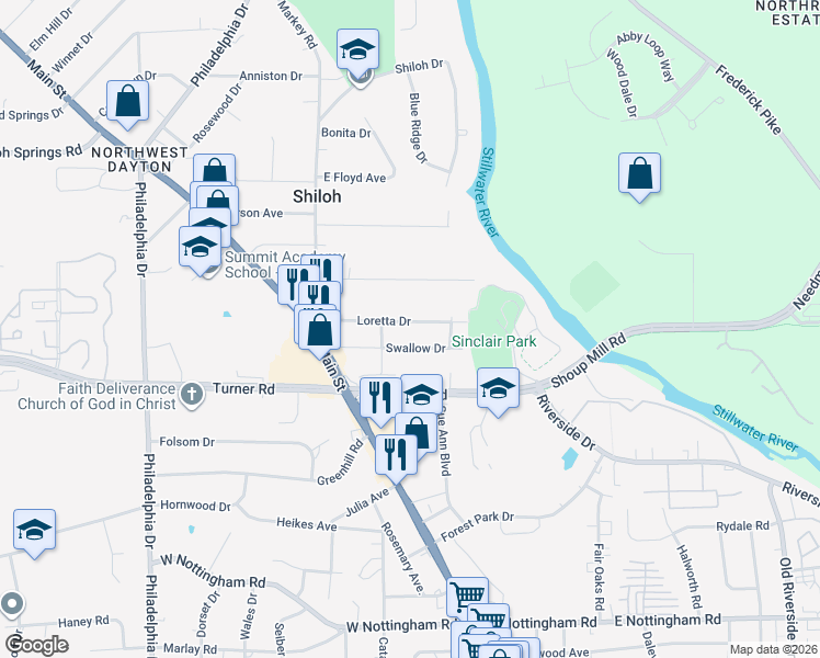 map of restaurants, bars, coffee shops, grocery stores, and more near 232 Loretta Dr in Dayton