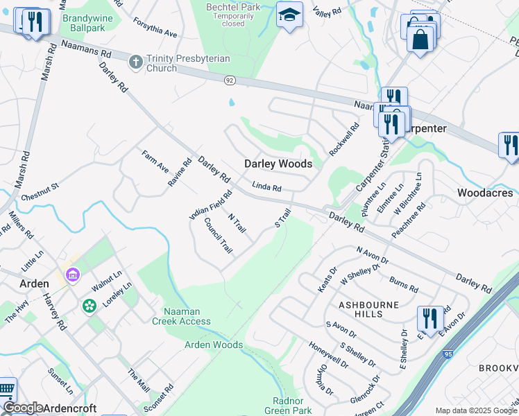 map of restaurants, bars, coffee shops, grocery stores, and more near 909 Darley Road in Wilmington