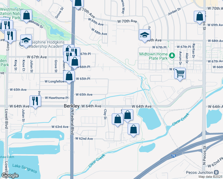 map of restaurants, bars, coffee shops, grocery stores, and more near 2575 West 65th Avenue in Denver
