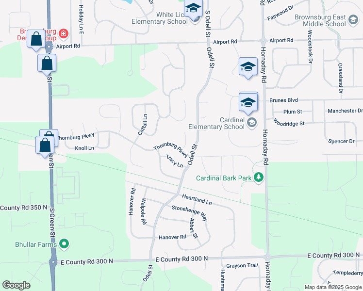 map of restaurants, bars, coffee shops, grocery stores, and more near 2 Kimbrough Court in Brownsburg