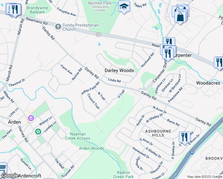 map of restaurants, bars, coffee shops, grocery stores, and more near 909 Darley Road in Wilmington