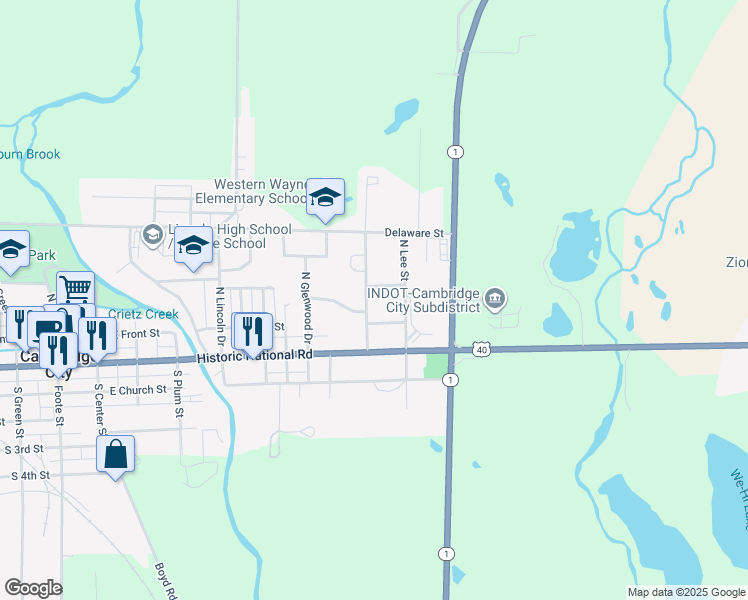 map of restaurants, bars, coffee shops, grocery stores, and more near 110 North Graham Street in Cambridge City