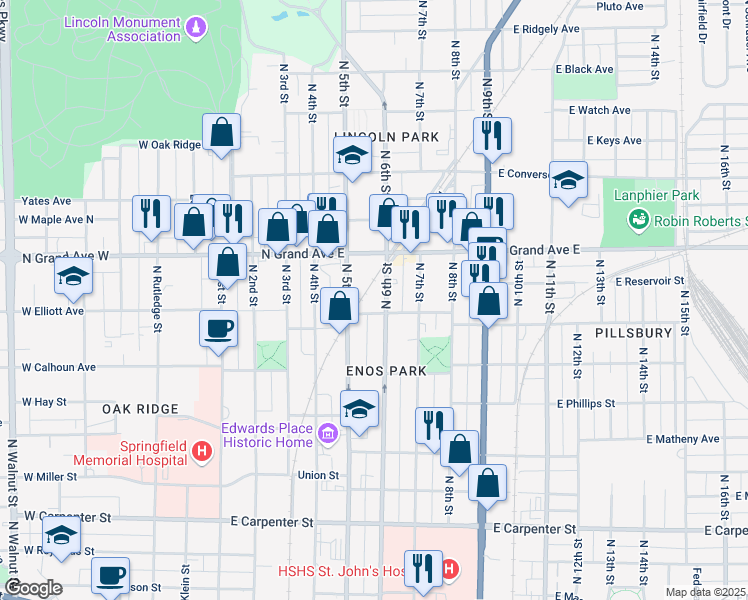 map of restaurants, bars, coffee shops, grocery stores, and more near 1100-1178 North 6th Street in Springfield
