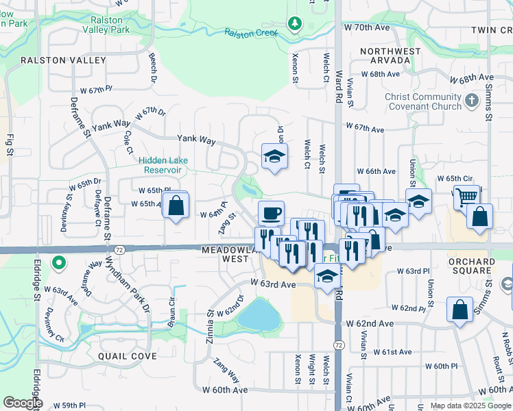 map of restaurants, bars, coffee shops, grocery stores, and more near 6550 Yank Way in Arvada