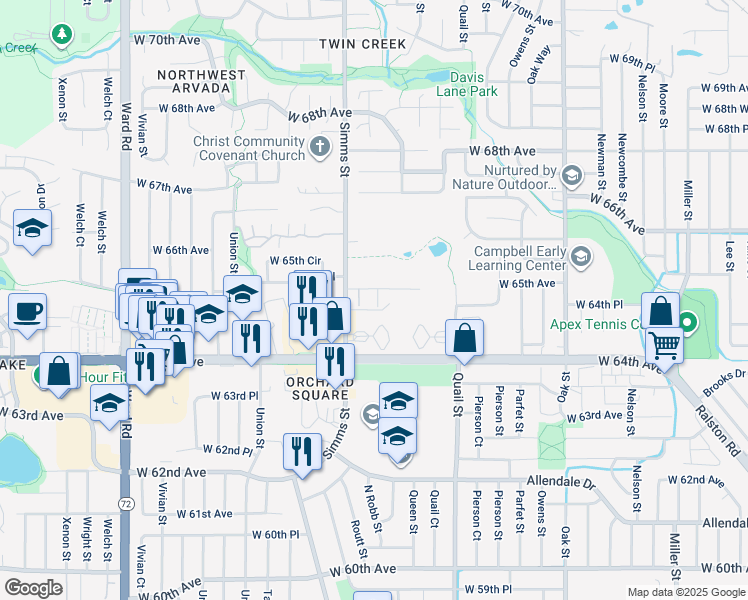 map of restaurants, bars, coffee shops, grocery stores, and more near 6464 Simms Street in Arvada