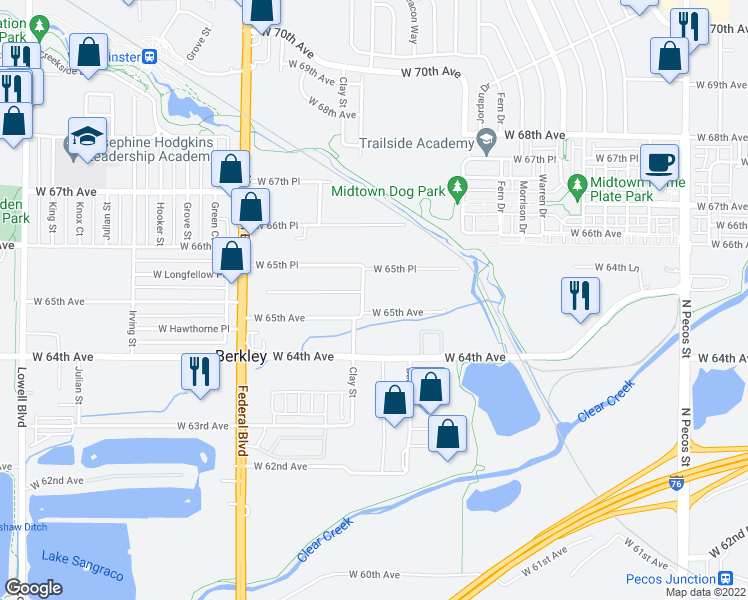 map of restaurants, bars, coffee shops, grocery stores, and more near 2575 West 65th Avenue in Denver