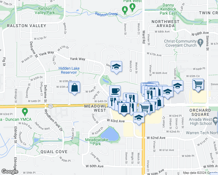 map of restaurants, bars, coffee shops, grocery stores, and more near 6550 Yank Way in Arvada