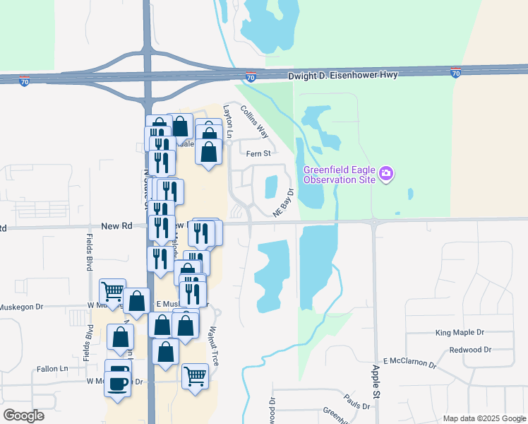 map of restaurants, bars, coffee shops, grocery stores, and more near 2018 Northeast Bay Drive in Greenfield