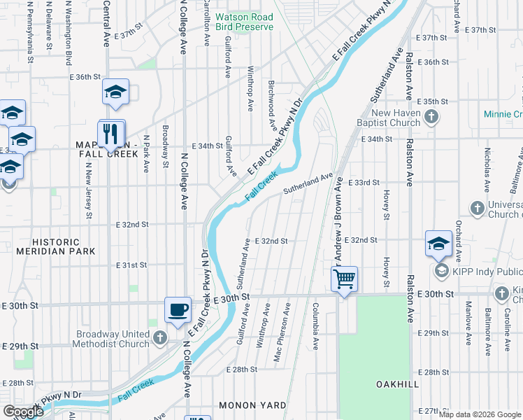 map of restaurants, bars, coffee shops, grocery stores, and more near 3241 Sutherland Avenue in Indianapolis