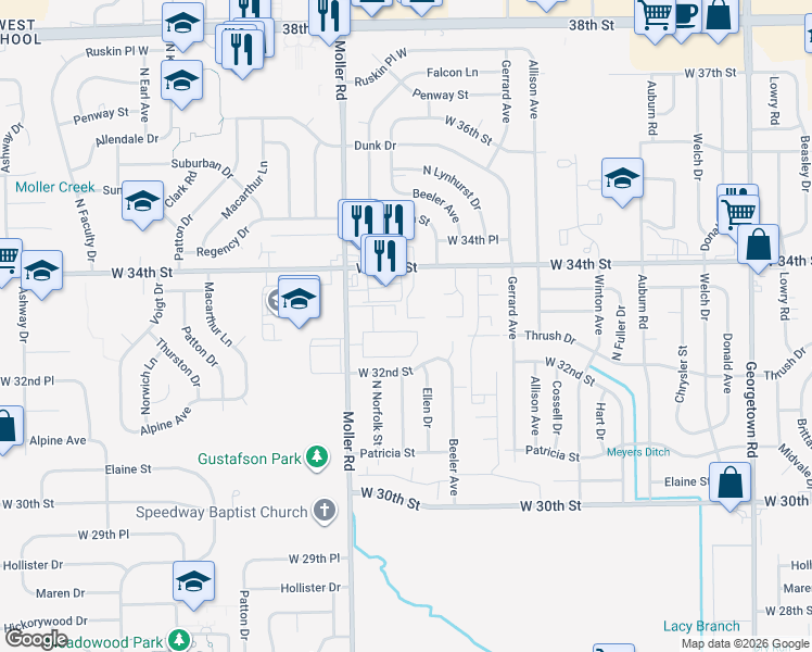 map of restaurants, bars, coffee shops, grocery stores, and more near 3287 Tara Court East in Indianapolis