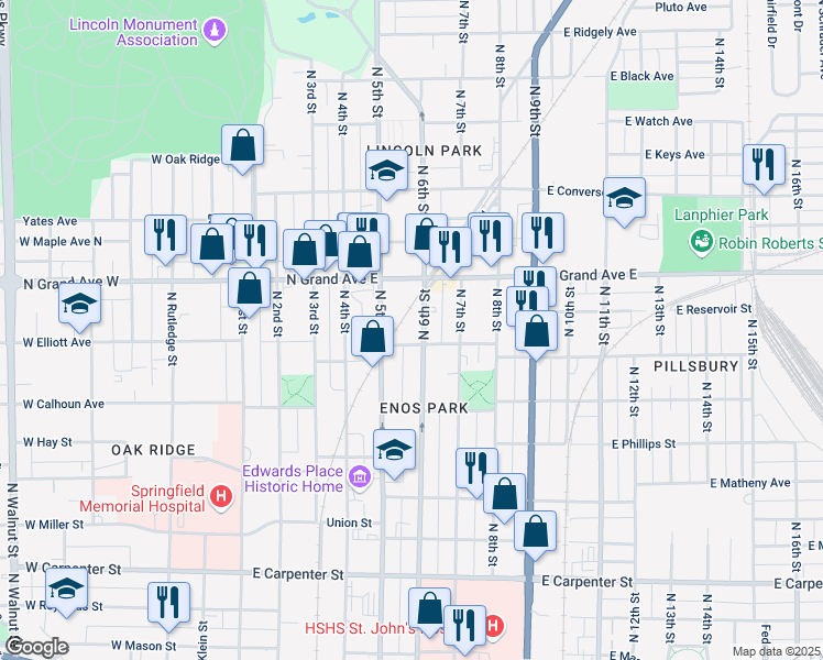 map of restaurants, bars, coffee shops, grocery stores, and more near 1100-1178 North 6th Street in Springfield