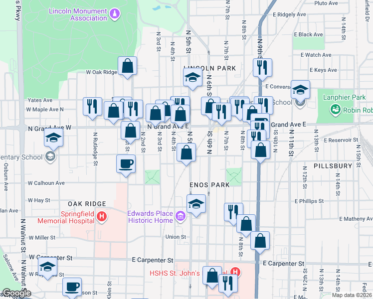 map of restaurants, bars, coffee shops, grocery stores, and more near 1116 North 5th Street in Springfield