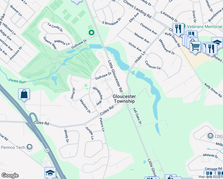 map of restaurants, bars, coffee shops, grocery stores, and more near 3562 Aberdeen Lane in Gloucester Township