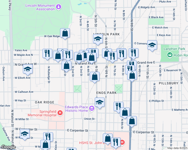 map of restaurants, bars, coffee shops, grocery stores, and more near 1131 North 5th Street in Springfield