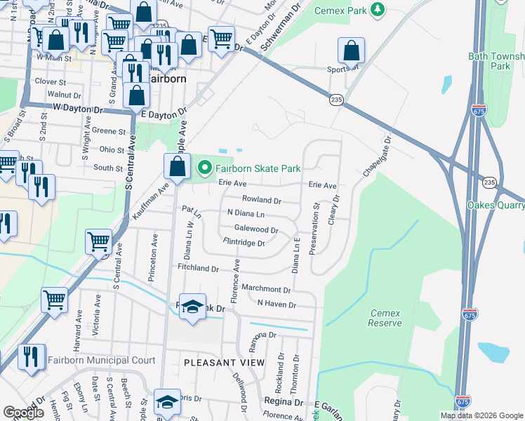 map of restaurants, bars, coffee shops, grocery stores, and more near 146 North Diana Lane in Fairborn