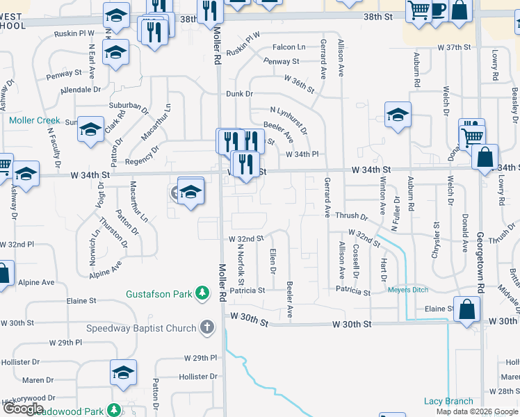 map of restaurants, bars, coffee shops, grocery stores, and more near 3287 Tara Court East in Indianapolis