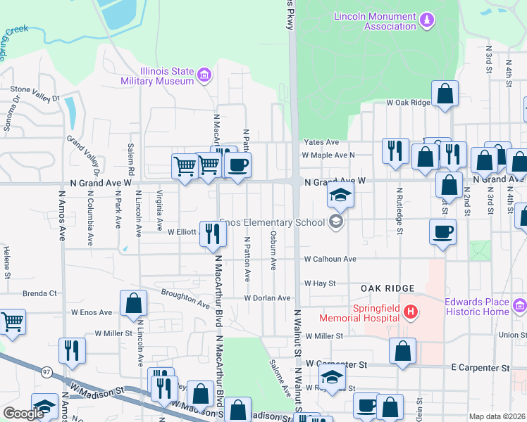 map of restaurants, bars, coffee shops, grocery stores, and more near 801 West Elliott Avenue in Springfield
