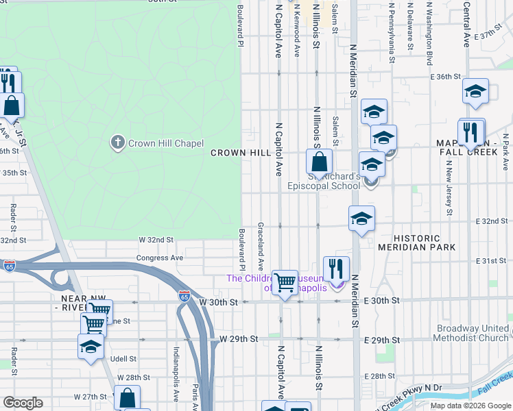 map of restaurants, bars, coffee shops, grocery stores, and more near 3224 Graceland Avenue in Indianapolis