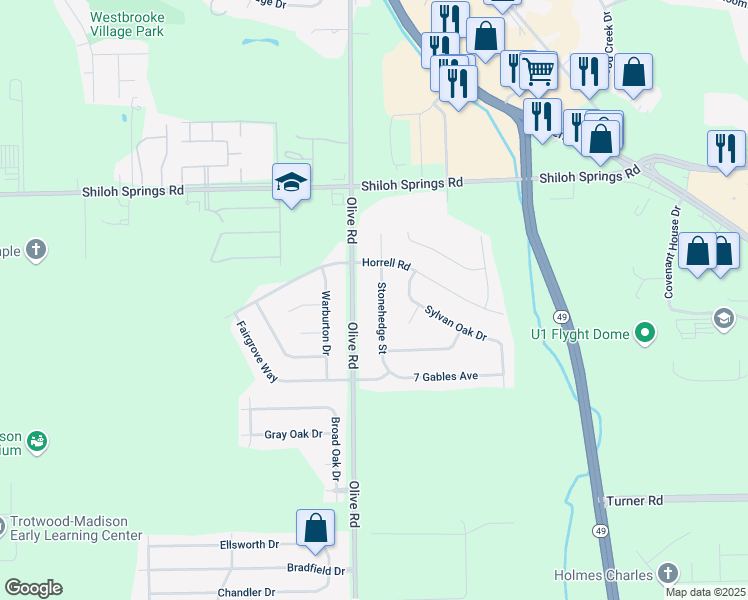 map of restaurants, bars, coffee shops, grocery stores, and more near 4700 Olive Road in Trotwood