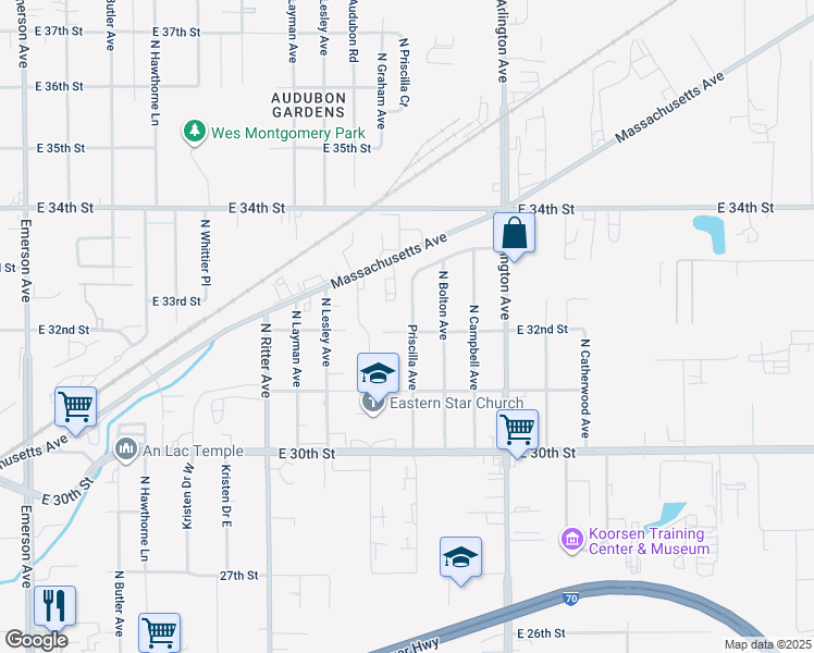 map of restaurants, bars, coffee shops, grocery stores, and more near 3202 East Priscilla Avenue in Indianapolis