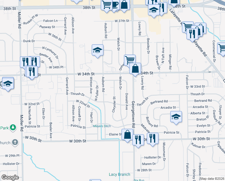 map of restaurants, bars, coffee shops, grocery stores, and more near 3233 Chrysler Street in Indianapolis