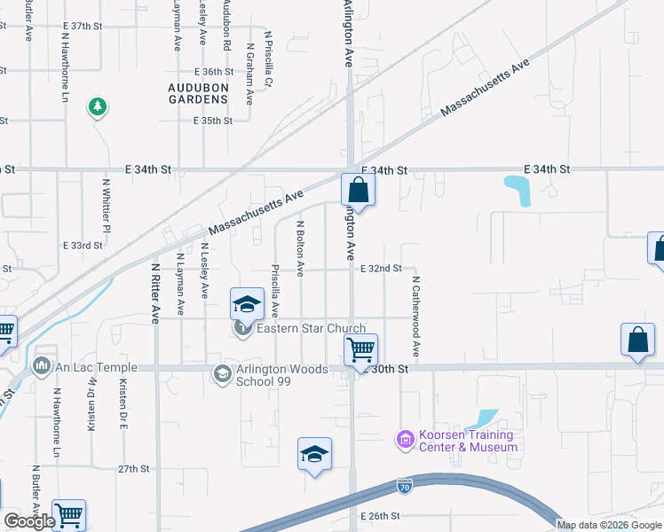 map of restaurants, bars, coffee shops, grocery stores, and more near 5901 East 32nd Street in Indianapolis