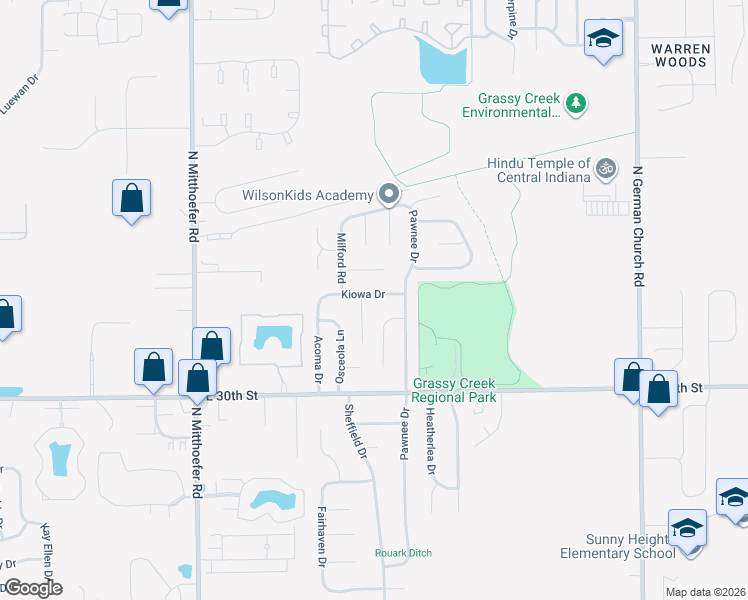 map of restaurants, bars, coffee shops, grocery stores, and more near 10331 Kiowa Drive in Indianapolis