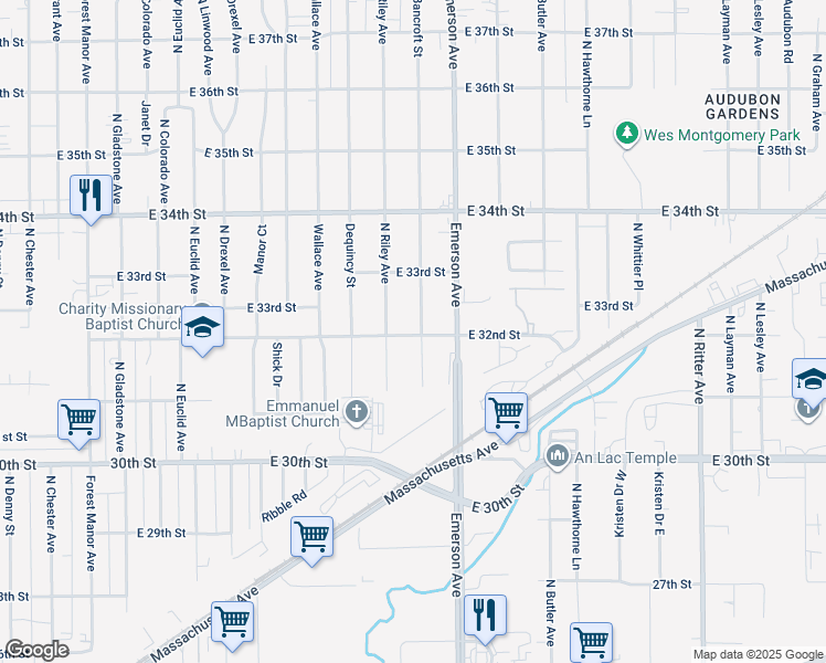 map of restaurants, bars, coffee shops, grocery stores, and more near 3202 North Bancroft Street in Indianapolis