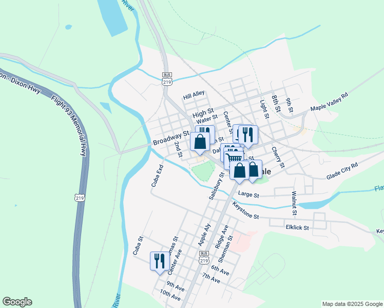 map of restaurants, bars, coffee shops, grocery stores, and more near 136-198 Dale St in Meyersdale