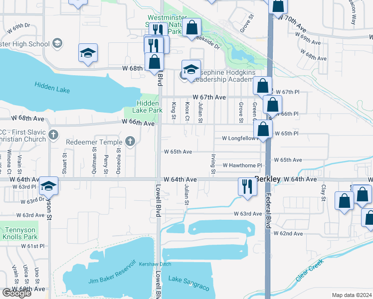 map of restaurants, bars, coffee shops, grocery stores, and more near 3532 West 65th Avenue in Denver