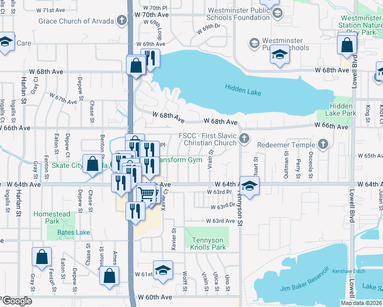 map of restaurants, bars, coffee shops, grocery stores, and more near 4744 West 65th Avenue in Arvada