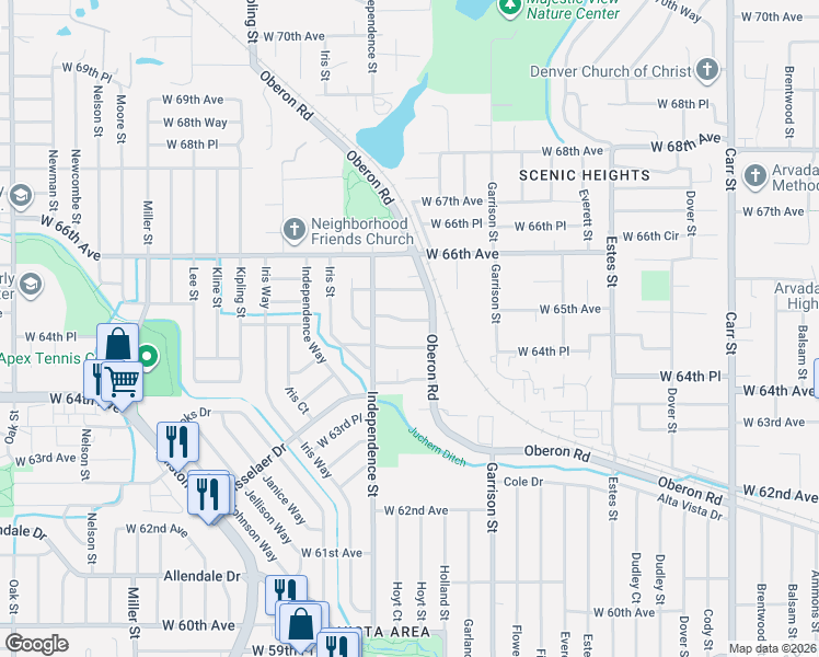 map of restaurants, bars, coffee shops, grocery stores, and more near 9491 West 64th Place in Arvada