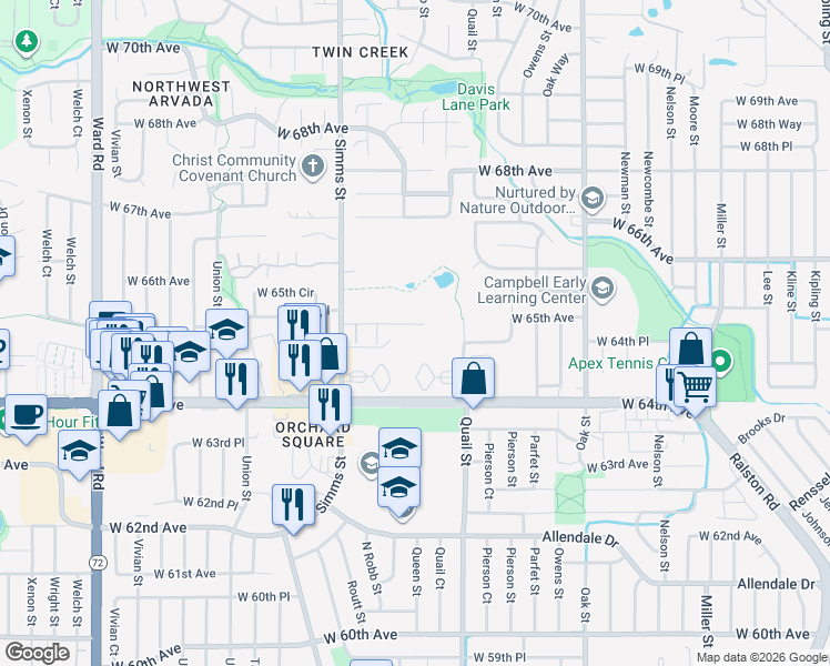 map of restaurants, bars, coffee shops, grocery stores, and more near 6489A Quail Street in Arvada