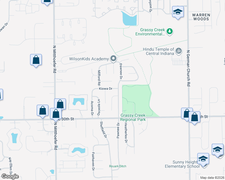 map of restaurants, bars, coffee shops, grocery stores, and more near 10331 Kiowa Drive in Indianapolis